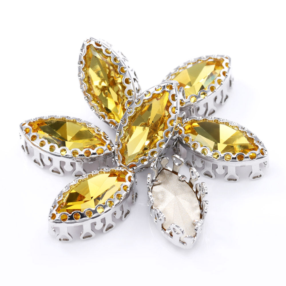 Light Topaz Navette Shape High-Quality Glass Sew-on Nest Hollow Claw Rhinestones