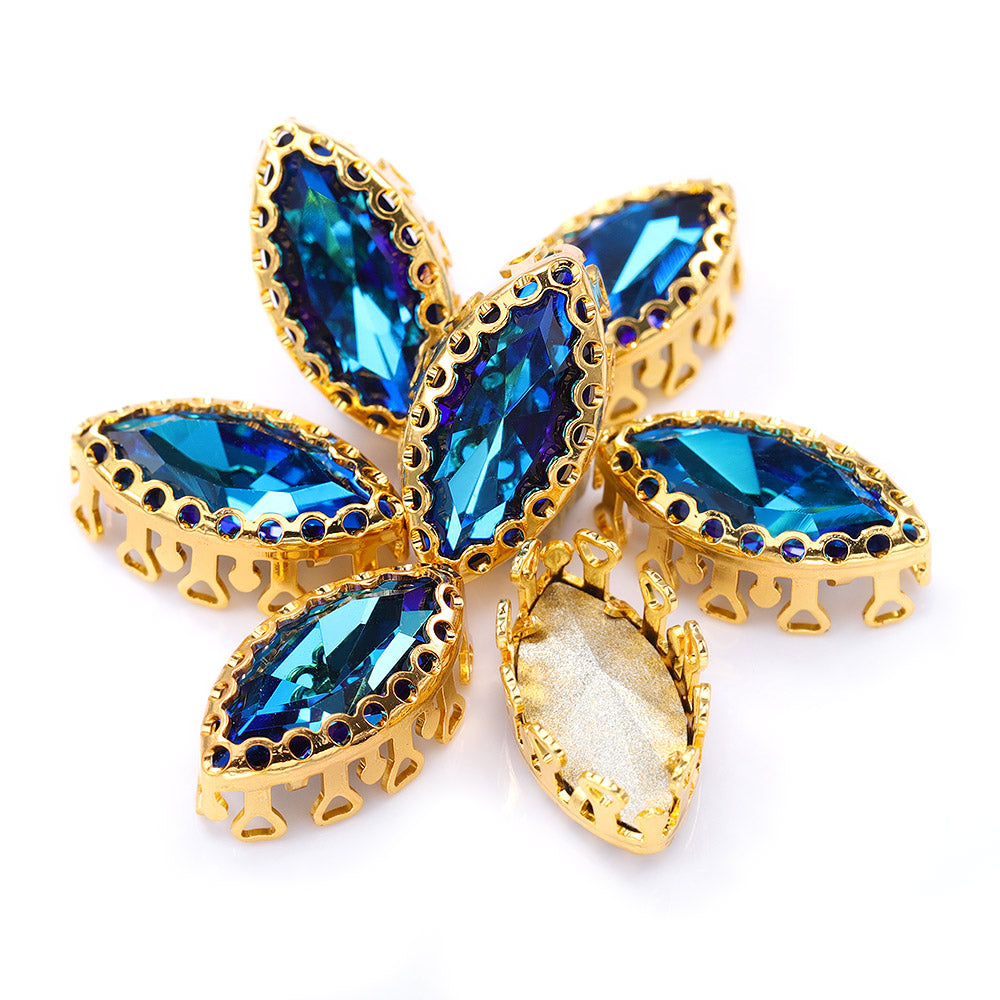 Bermuda Blue Navette Shape High-Quality Glass Sew-on Nest Hollow Claw Rhinestones WholesaleRhinestone メイン画像