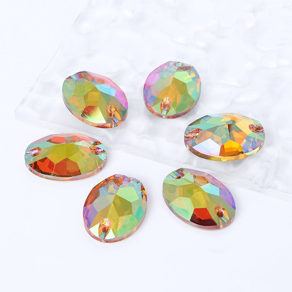 Iridescent Green Oval Shape High Quality Glass Sew-on Rhinestones WholesaleRhinestone