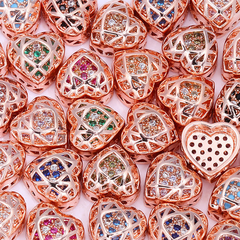 Heart Shape Rose Gold Plated High-Quality Sew-on Alloy Charms Inlaid Cubic Zirconia