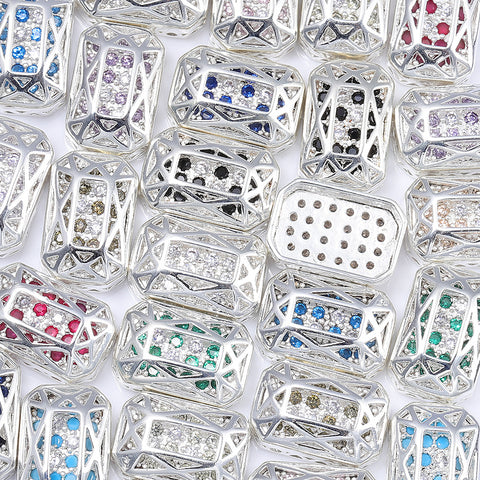 Octagon Shape Silver Plated High-Quality Sew-on Alloy Charms Inlaid Cubic Zirconia