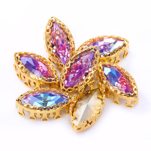 Vitrail Light Navette Shape High-Quality Glass Sew-on Nest Hollow Claw Rhinestones