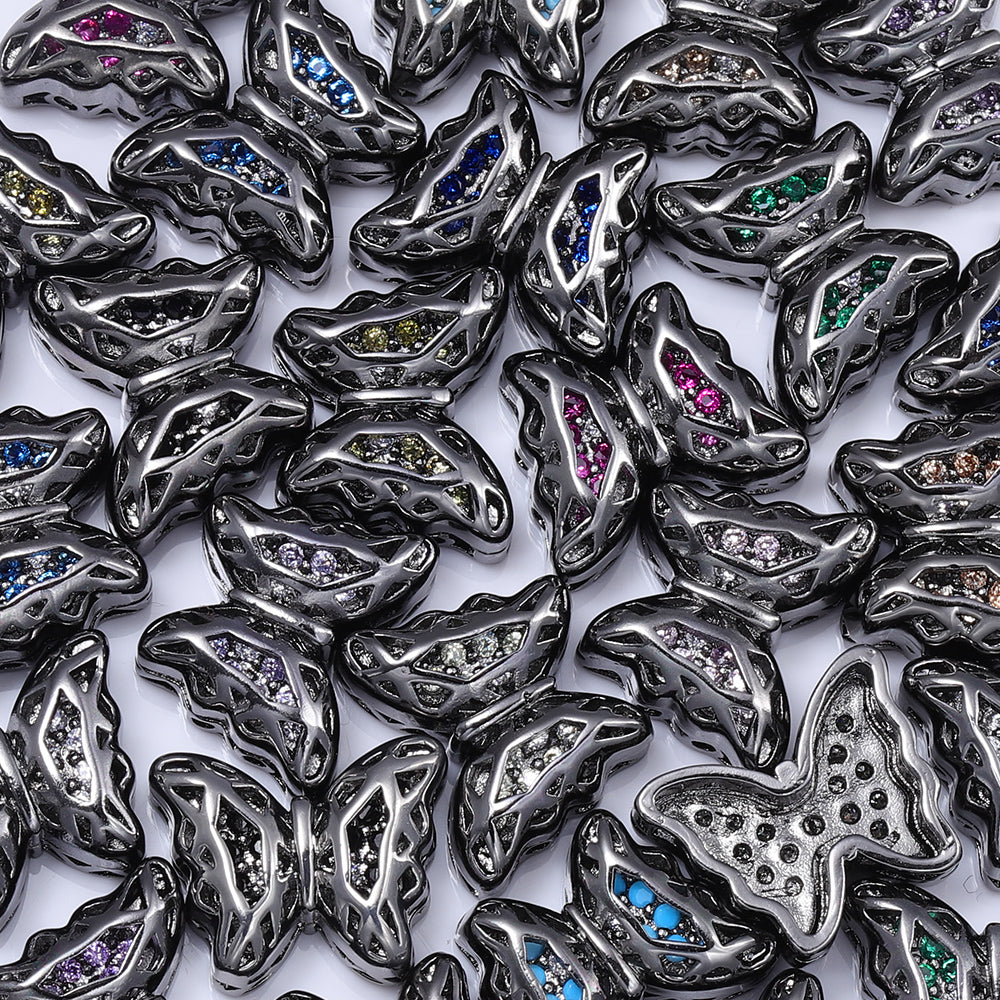 Butterfly Shape Hematite Plated High-Quality Sew-on Alloy Charms Inlaid Cubic Zirconia