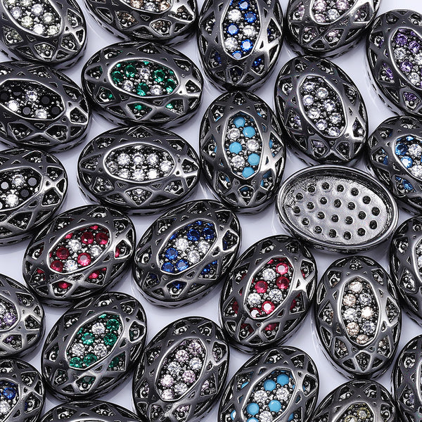 Oval Shape Hematite Plated High-Quality Sew-on Alloy Charms Inlaid Cubic Zirconia WholesaleRhinestone