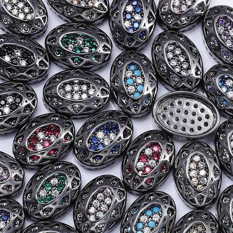 Oval Shape Hematite Plated High-Quality Sew-on Alloy Charms Inlaid Cubic Zirconia