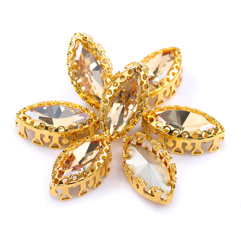 Golden Shadow Navette Shape High-Quality Glass Sew-on Nest Hollow Claw Rhinestones
