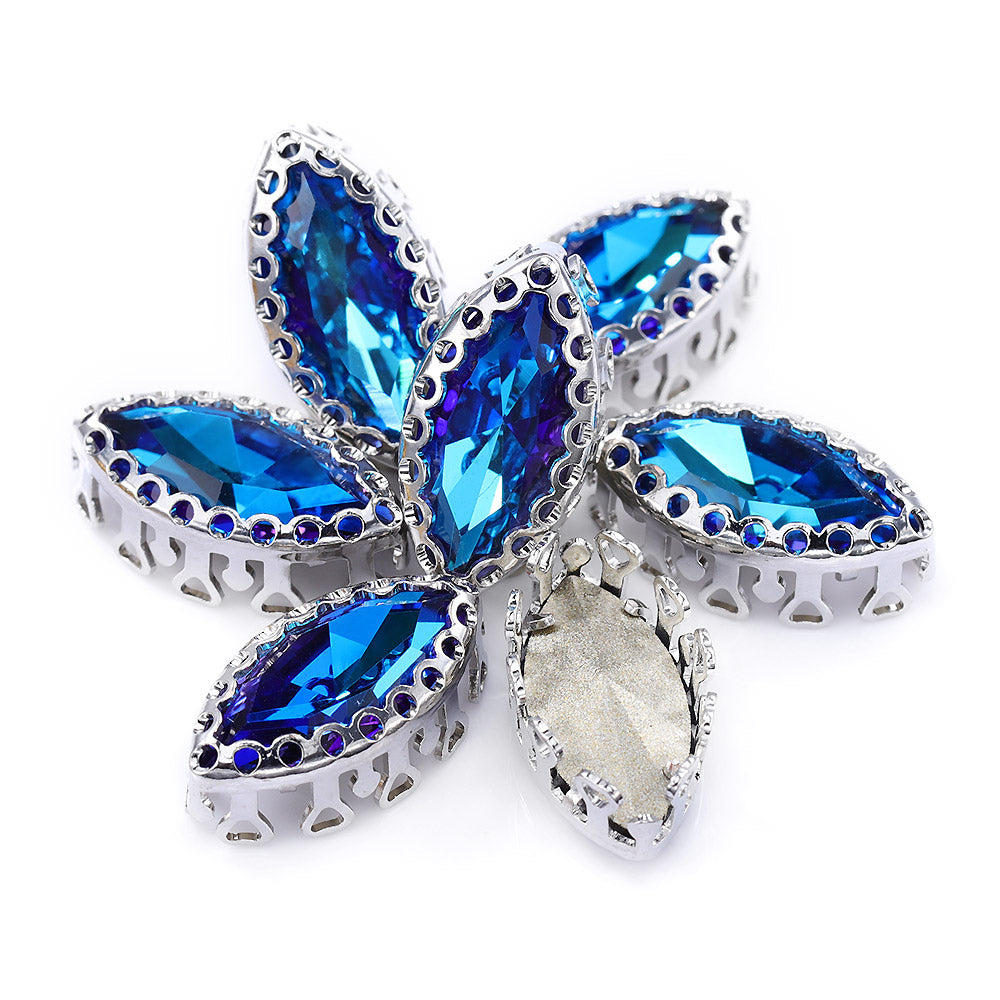 Bermuda Blue Navette Shape High-Quality Glass Sew-on Nest Hollow Claw Rhinestones