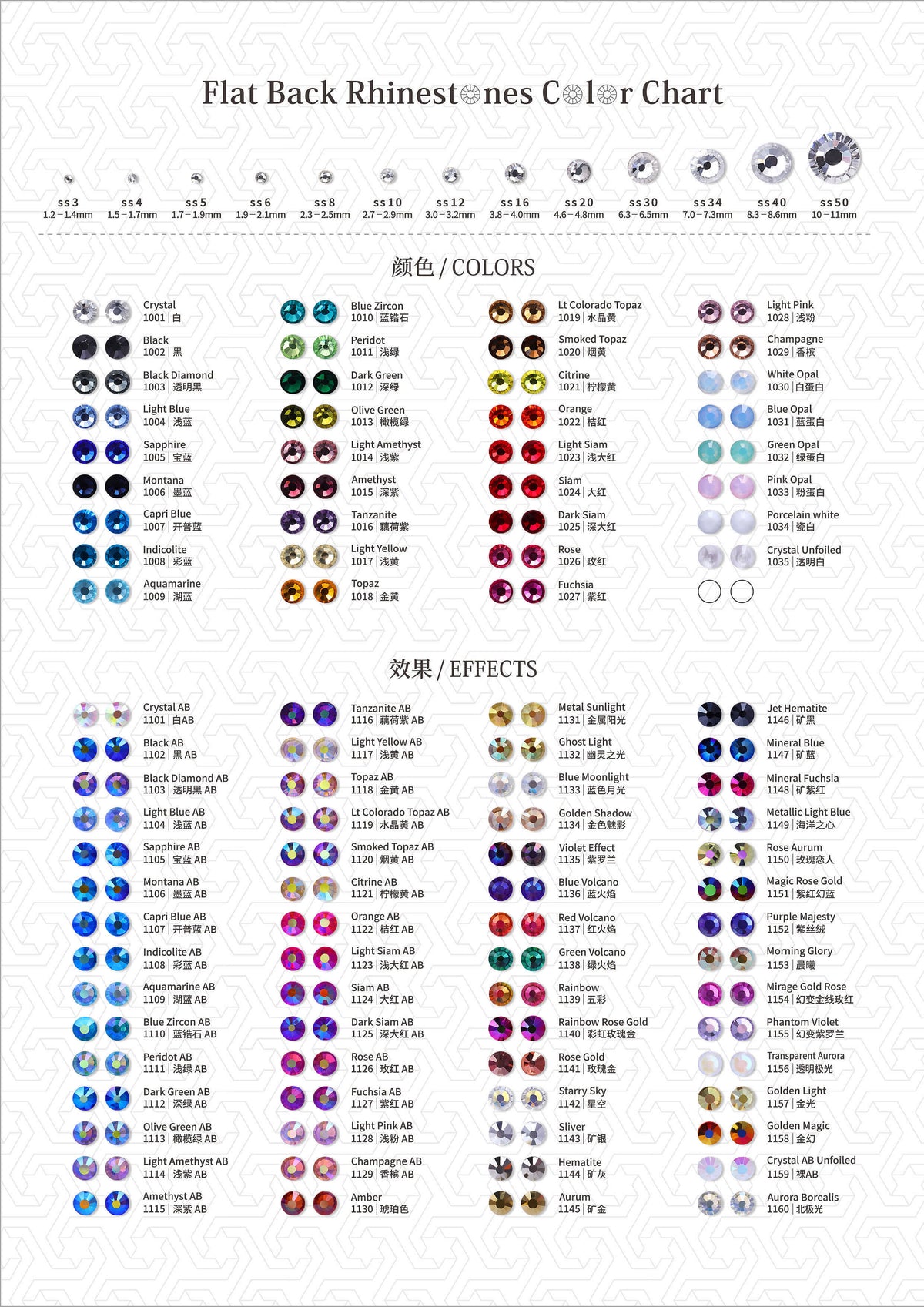 Glass Flat Back Rhinestones Color Chart -HOT FIX & NO HOT FIX STONES WholesaleRhinestone Hovedbillede