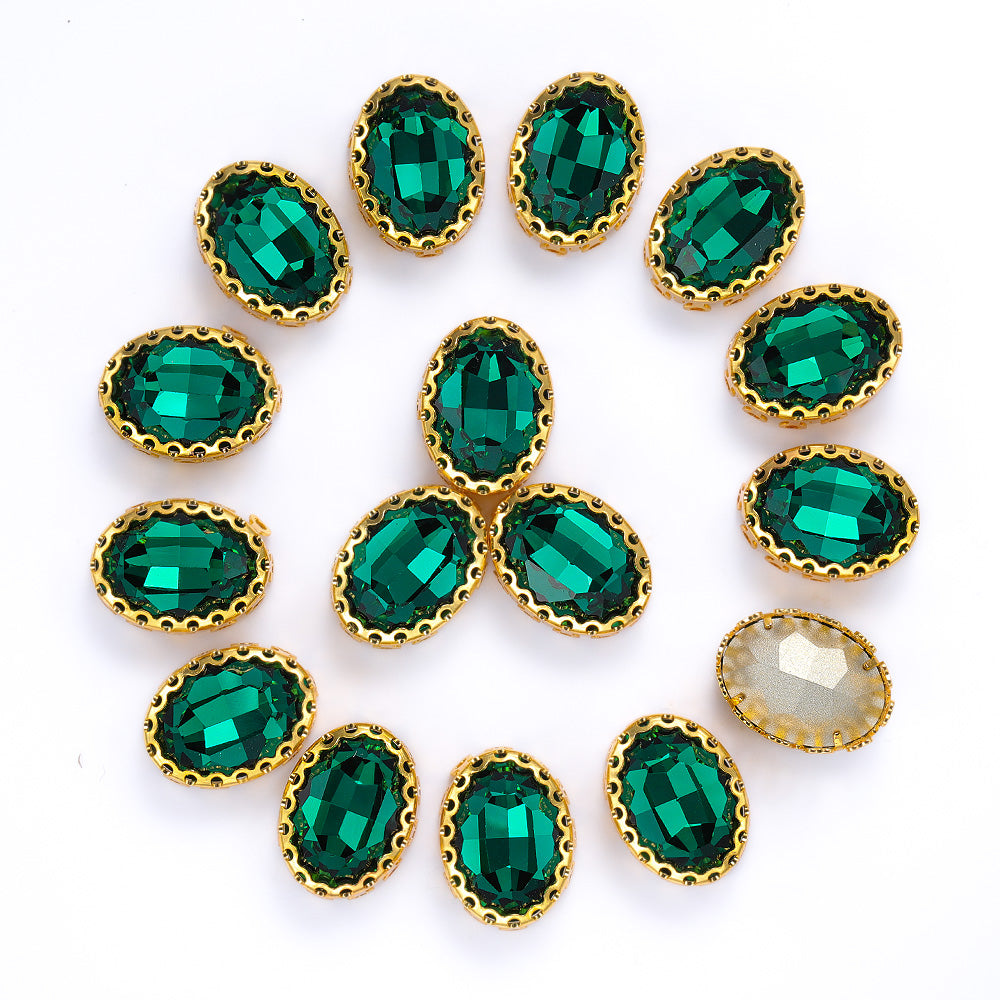 Emerald Oval Shape High-Quality Glass Sew-on Nest Hollow Claw Rhinestones