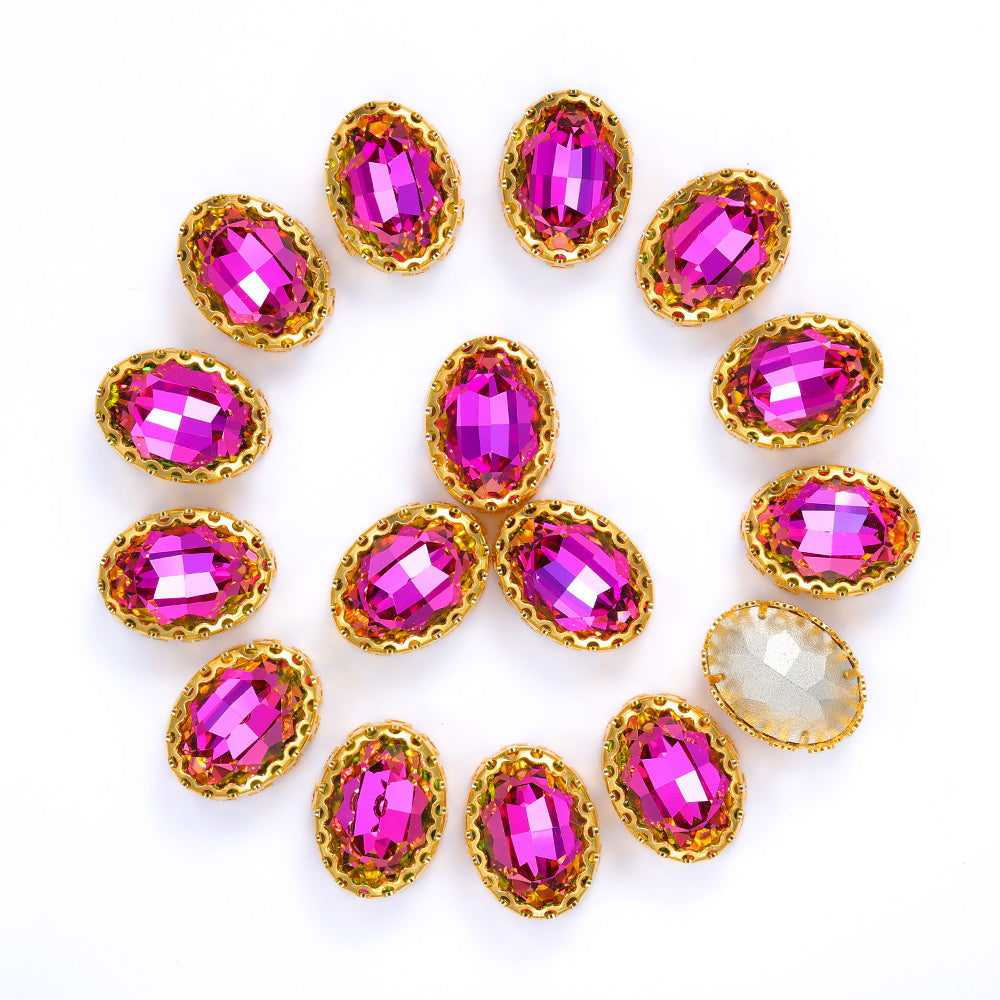 Vitrail Rose Oval Shape High-Quality Glass Sew-on Nest Hollow Claw Rhinestones