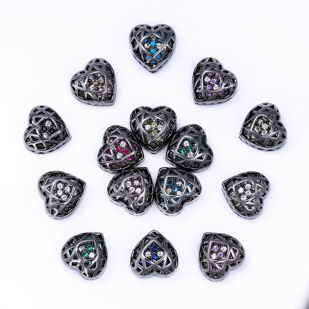 Heart Shape Hematite Plated High-Quality Sew-on Alloy Charms Inlaid Cubic Zirconia