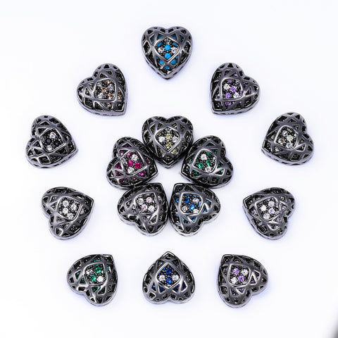 Heart Shape Hematite Plated High-Quality Sew-on Alloy Charms Inlaid Cubic Zirconia