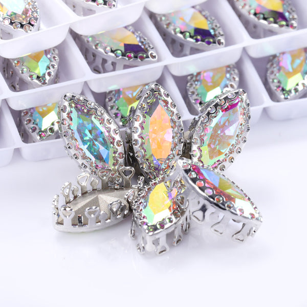 Crystal AB Navette Shape High-Quality Glass Sew-on Nest Hollow Claw Rhinestones WholesaleRhinestone