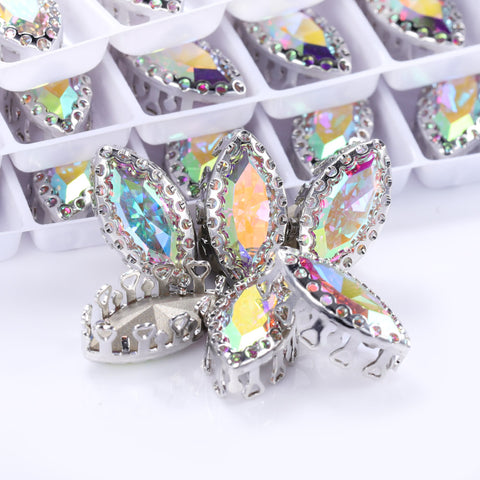 Crystal AB Navette Shape High-Quality Glass Sew-on Nest Hollow Claw Rhinestones