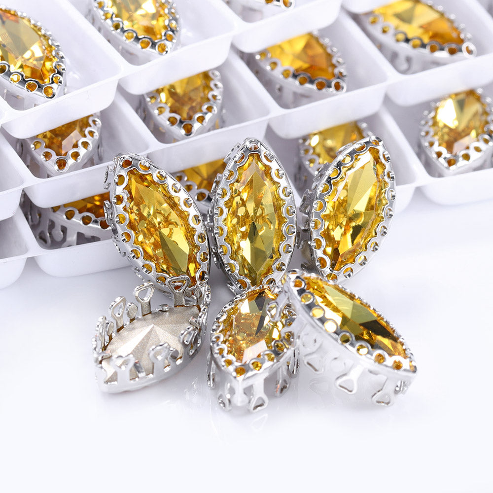 Light Topaz Navette Shape High-Quality Glass Sew-on Nest Hollow Claw Rhinestones