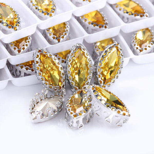 Light Topaz Navette Shape High-Quality Glass Sew-on Nest Hollow Claw Rhinestones WholesaleRhinestone