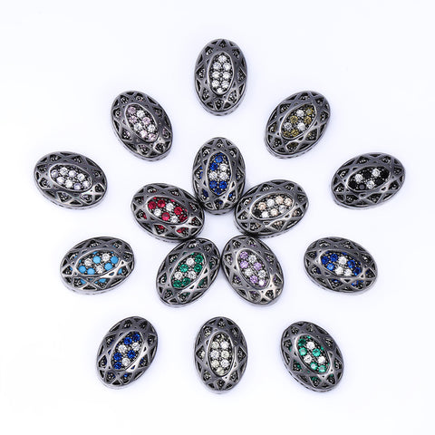 Oval Shape Hematite Plated High-Quality Sew-on Alloy Charms Inlaid Cubic Zirconia