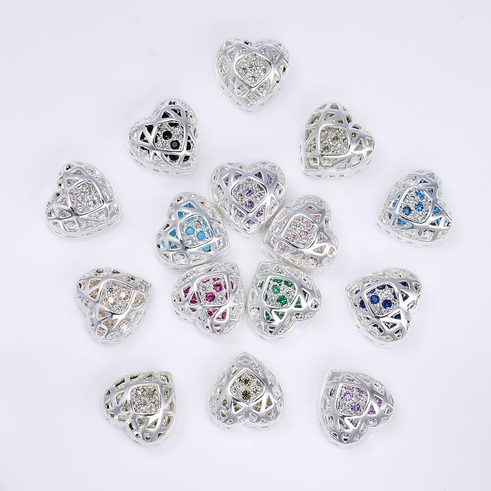 Heart Shape Silver Plated High-Quality Sew-on Alloy Charms Inlaid Cubic Zirconia