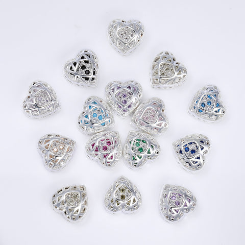 Heart Shape Silver Plated High-Quality Sew-on Alloy Charms Inlaid Cubic Zirconia