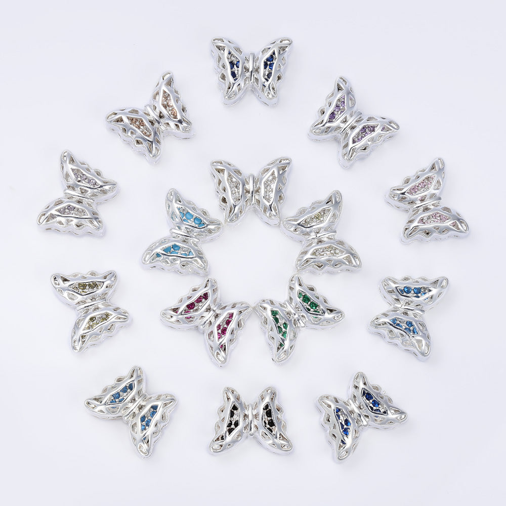 Butterfly Shape Silver Plated High-Quality Sew-on Alloy Charms Inlaid Cubic Zirconia