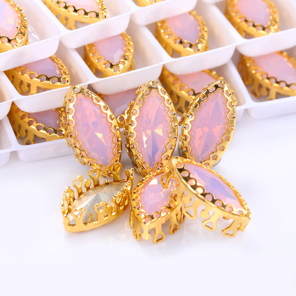 Rose Water Opal Navette Shape High-Quality Glass Sew-on Nest Hollow Claw Rhinestones