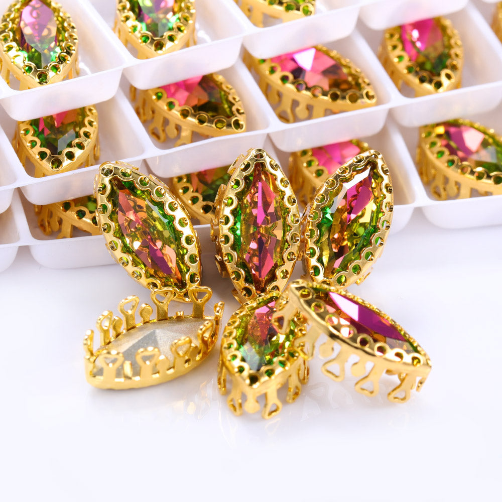 Vitrail Rose Navette Shape High-Quality Glass Sew-on Nest Hollow Claw Rhinestones WholesaleRhinestone