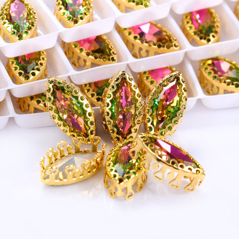 Vitrail Rose Navette Shape High-Quality Glass Sew-on Nest Hollow Claw Rhinestones