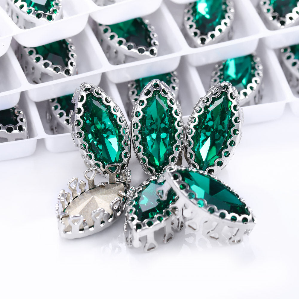 Emerald Navette Shape High-Quality Glass Sew-on Nest Hollow Claw Rhinestones WholesaleRhinestone