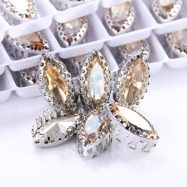 Golden Shadow Navette Shape High-Quality Glass Sew-on Nest Hollow Claw Rhinestones WholesaleRhinestone