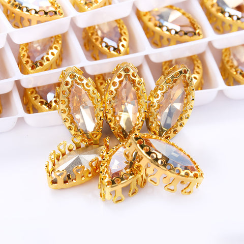 Golden Shadow Navette Shape High-Quality Glass Sew-on Nest Hollow Claw Rhinestones