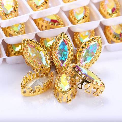 Crystal AB Navette Shape High-Quality Glass Sew-on Nest Hollow Claw Rhinestones