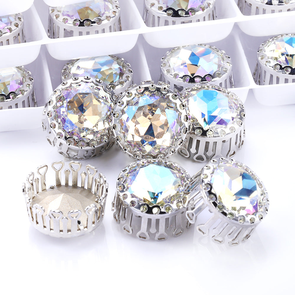 Moonlight Gemstone Flower Round Shape High-Quality Glass Sew-on Nest Hollow Claw Rhinestones