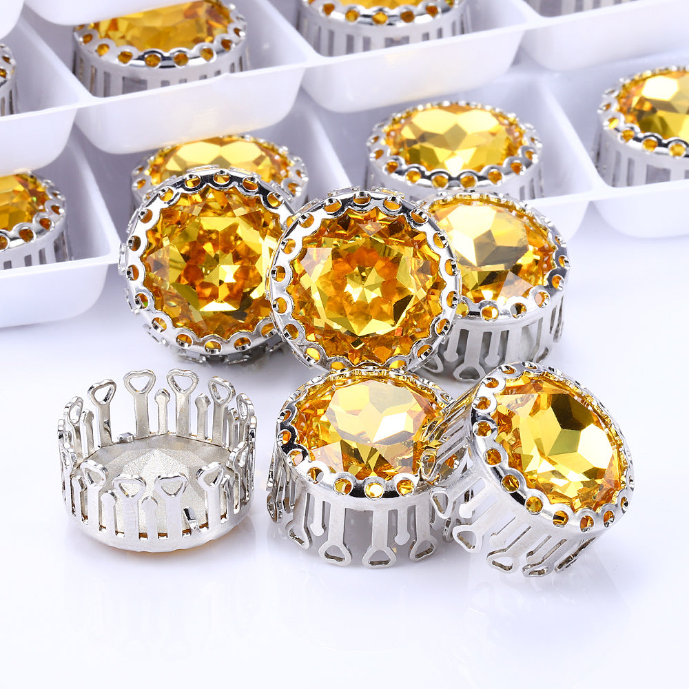 Light Topaz Gemstone Flower Round Shape High-Quality Glass Sew-on Nest Hollow Claw Rhinestones WholesaleRhinestone