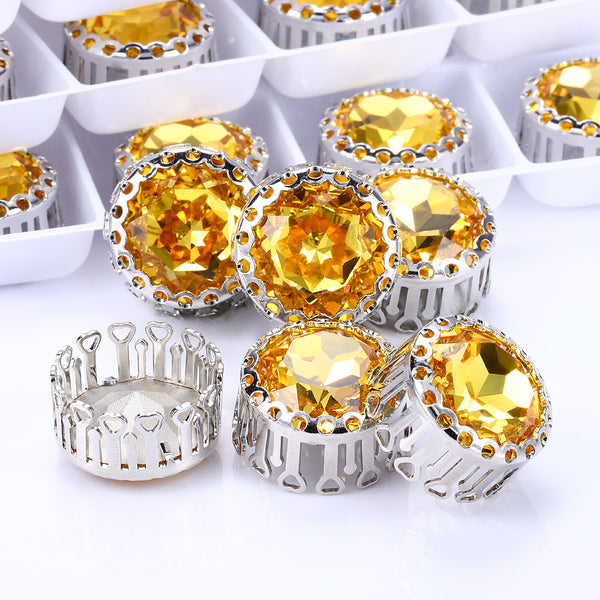 Light Topaz Gemstone Flower Round Shape High-Quality Glass Sew-on Nest Hollow Claw Rhinestones WholesaleRhinestone