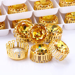 Light Topaz Gemstone Flower Round Shape High-Quality Glass Sew-on Nest Hollow Claw Rhinestones