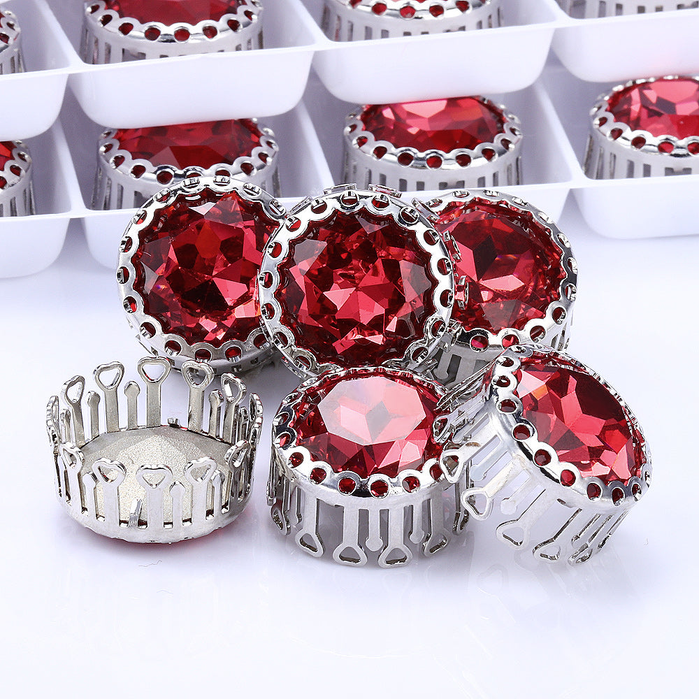 Rose Gemstone Flower Round Shape High-Quality Glass Sew-on Nest Hollow Claw Rhinestones