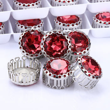 Rose Gemstone Flower Round Shape High-Quality Glass Sew-on Nest Hollow Claw Rhinestones