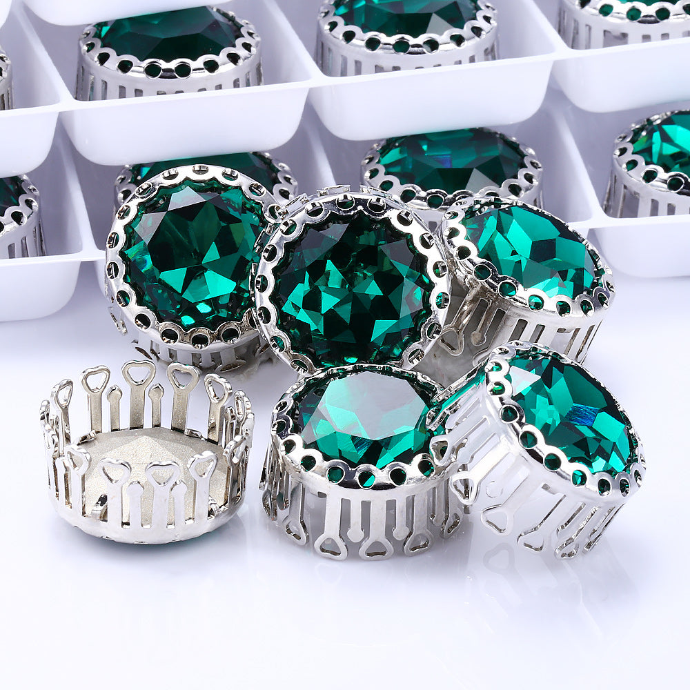 Emerald Gemstone Flower Round Shape High-Quality Glass Sew-on Nest Hollow Claw Rhinestones