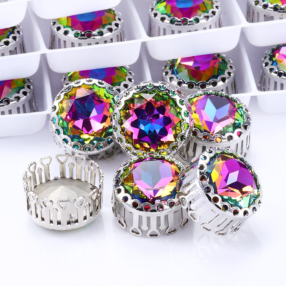 Volcano Gemstone Flower Round Shape High-Quality Glass Sew-on Nest Hollow Claw Rhinestones WholesaleRhinestone