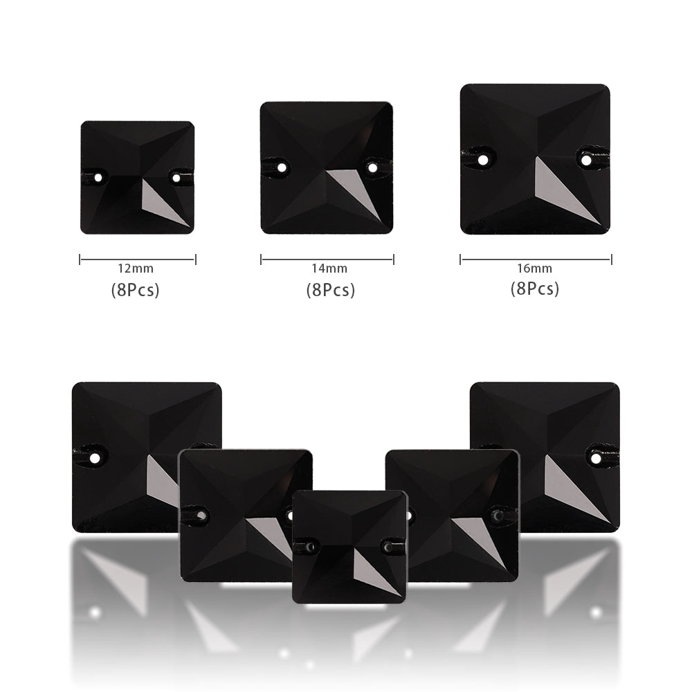 Mixed Sizes Jet Square Shape High Quality Glass Sew-on Rhinestones