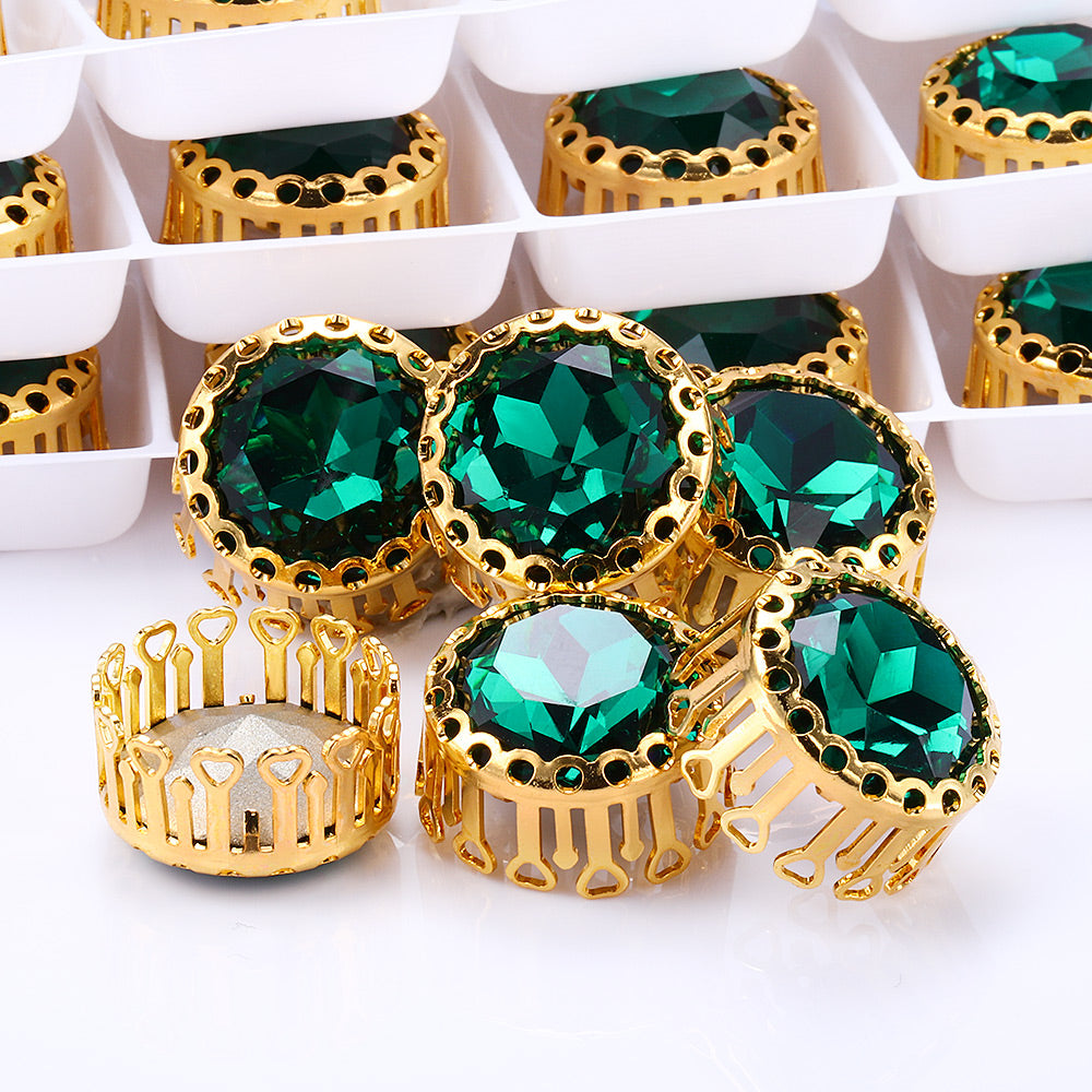 Emerald Gemstone Flower Round Shape High-Quality Glass Sew-on Nest Hollow Claw Rhinestones
