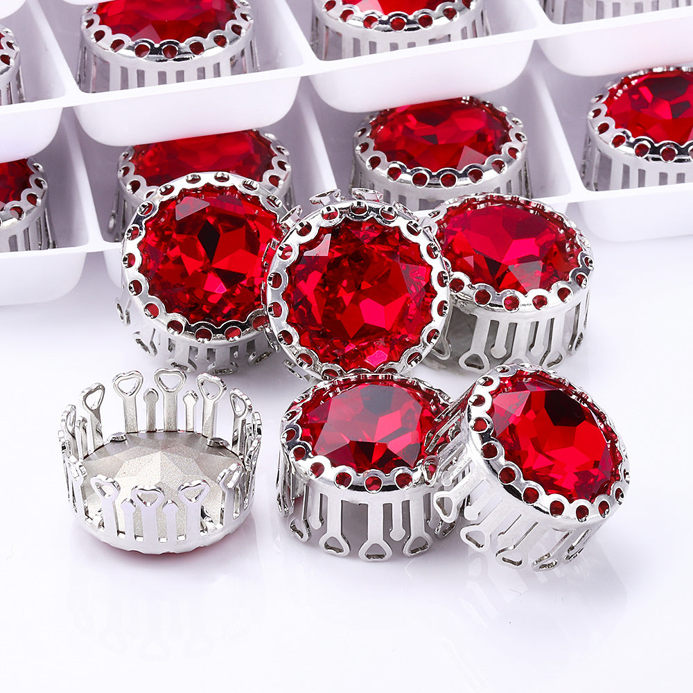 Light Siam Gemstone Flower Round Shape High-Quality Glass Sew-on Nest Hollow Claw Rhinestones WholesaleRhinestone
