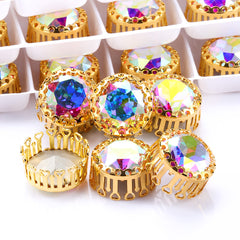 Crystal AB Gemstone Flower Round Shape High-Quality Glass Sew-on Nest Hollow Claw Rhinestones