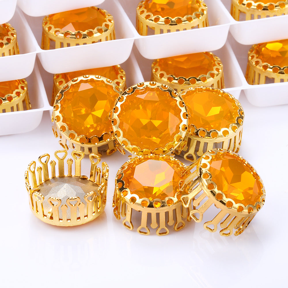 Topaz Opal Gemstone Flower Round Shape High-Quality Glass Sew-on Nest Hollow Claw Rhinestones WholesaleRhinestone
