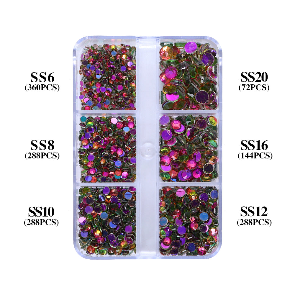 Mixed Sizes 6 Grid Box Aurora Rainbow Unfoiled Glass FlatBack Rhinestones For Nail Art