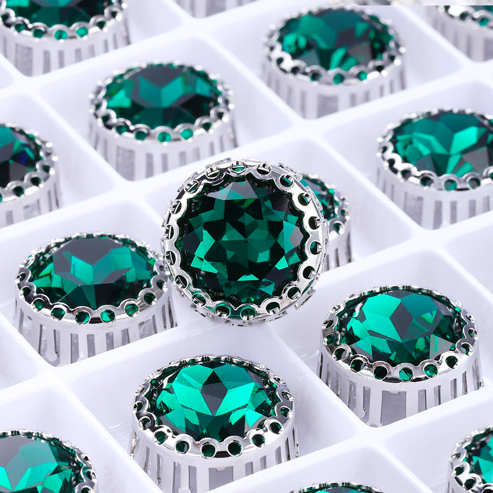 Emerald Gemstone Flower Round Shape High-Quality Glass Sew-on Nest Hollow Claw Rhinestones