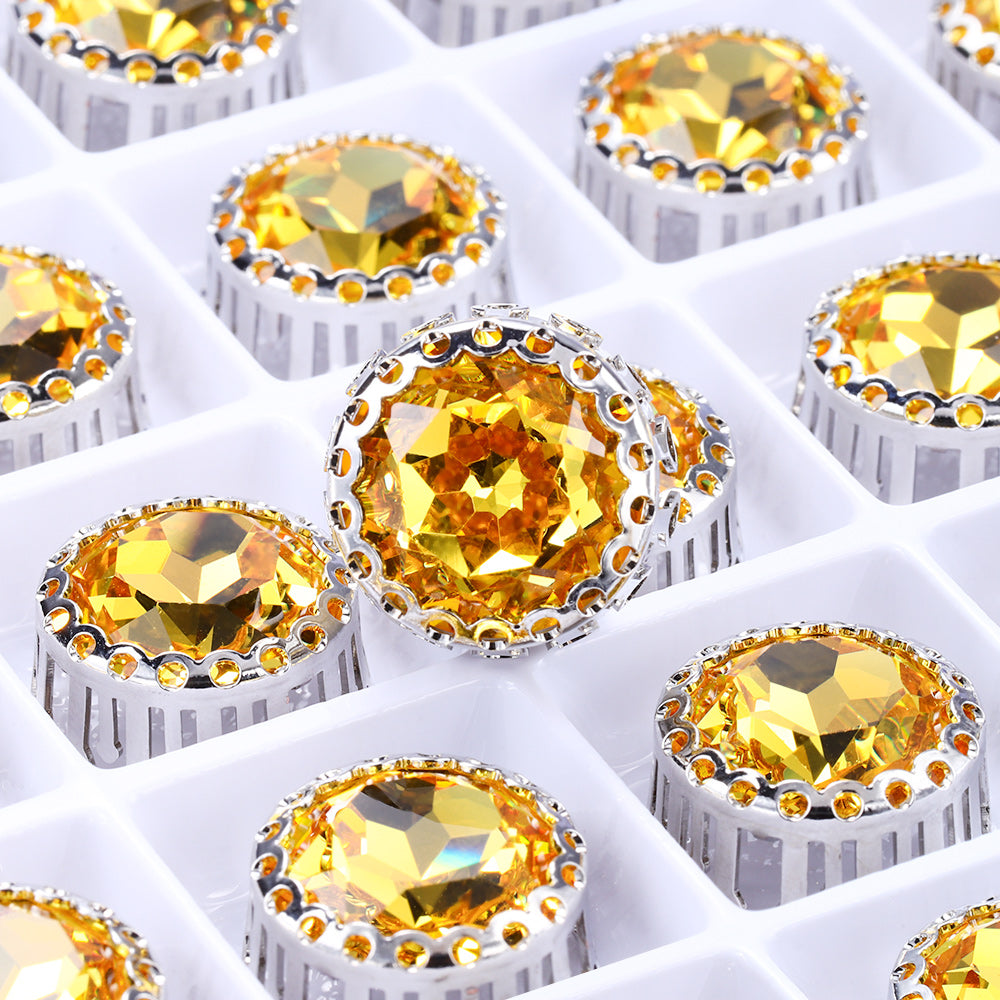 Light Topaz Gemstone Flower Round Shape High-Quality Glass Sew-on Nest Hollow Claw Rhinestones WholesaleRhinestone