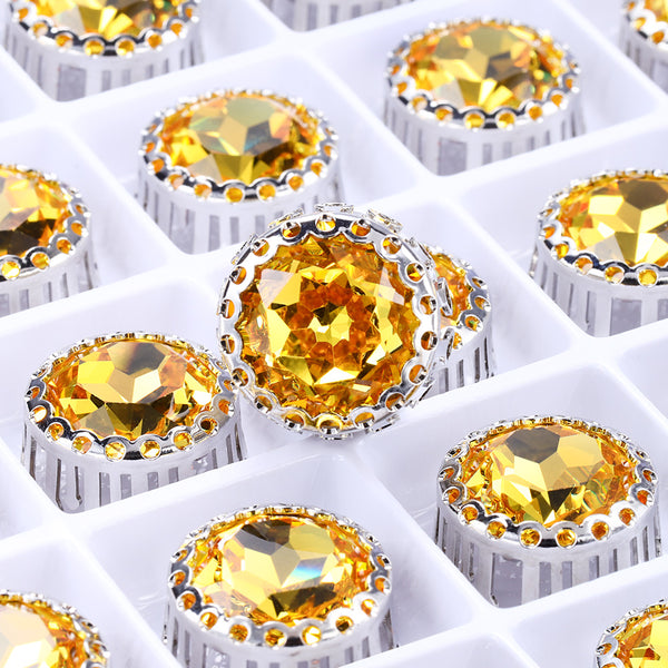 Light Topaz Gemstone Flower Round Shape High-Quality Glass Sew-on Nest Hollow Claw Rhinestones WholesaleRhinestone