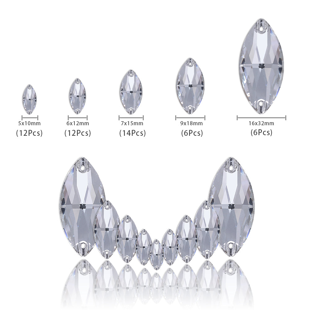 Mixed Sizes Crystal Navette Shape High Quality Glass Sew-on Rhinestones