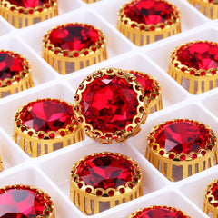 Light Siam Gemstone Flower Round Shape High-Quality Glass Sew-on Nest Hollow Claw Rhinestones